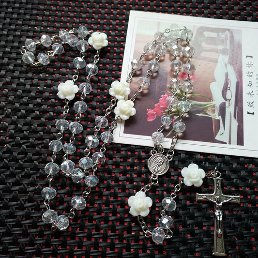 QIGO Pink Rose Crystal Rosary Necklace – Catholic Vintage Cross Pendant Jewelry