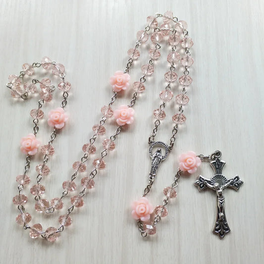 QIGO Pink Rose Crystal Rosary Necklace – Catholic Vintage Cross Pendant Jewelry