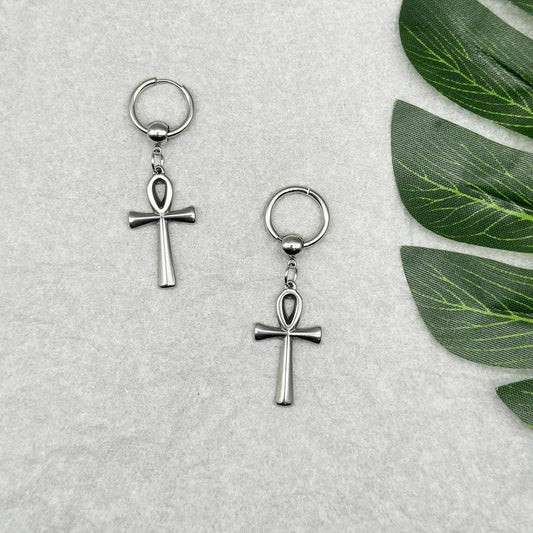 Egyptian Ankh Cross Drop Hoop Earrings