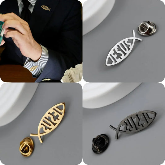 Stainless Steel Jesus Fish Brooch – Christian Badge Pin for Men’s Suit or Shirt