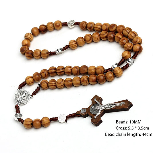 10MM Wood Beads Rosary Cross Necklace