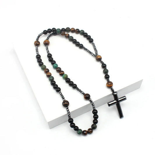 Natural Stone Turquoise & Tiger-Eye Rosary Necklace