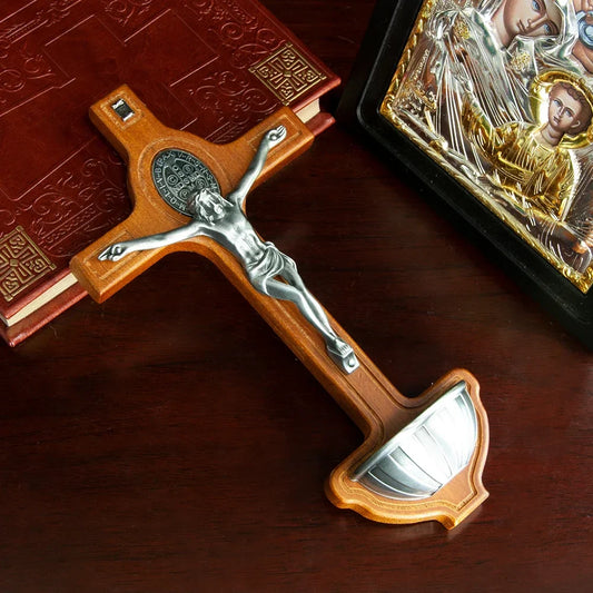 Catholic Wooden Cross with Holy Water Holder