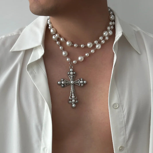 IngeSight.Z Elegant Pearl Choker & Jesus Cross Necklace