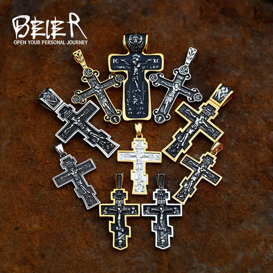 Jesus Cross Men's Stainless Steel Crucifix Necklace – Eastern Orthodox Pendant Jewelry (BP8-515)