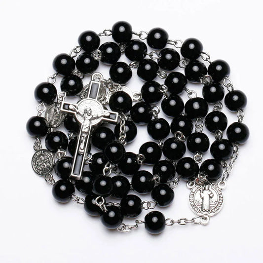 Catholic Black Rosary Beads Necklace – Long Cross Pendant Religious Jewelry for Men & Women