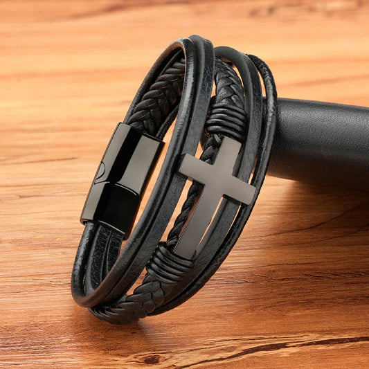 XQNI Punk Cross Leather Bracelet – Classic Stainless Steel Men’s Bangle
