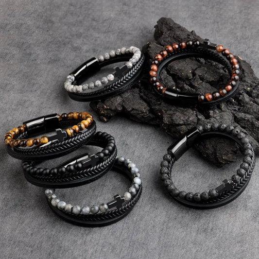 Natural Stone Beads Cross Bracelet On Hand Genuine Leather Braided Stainless Steel Magnetic Clasp Bangles For Men Jewelry Gift