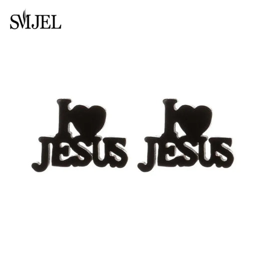 2025 Stainless Steel Jesus Cross Earrings – Men’s Christian Stud Jewelry with Heart Charm
