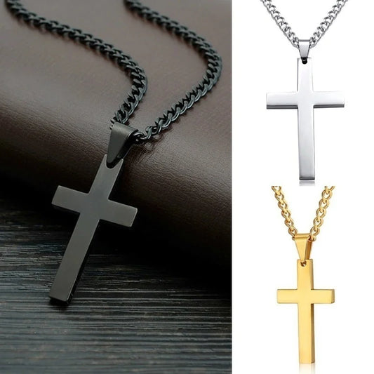 Vintage Cross Pendant Necklace – Stainless Steel Black Chain Jewelry for Men & Women