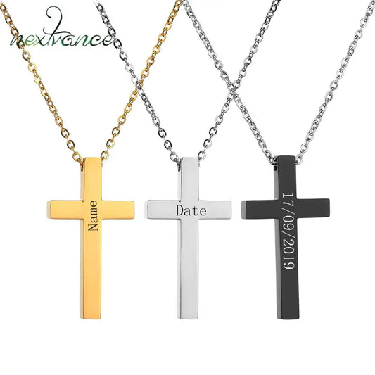 Nextvance Custom Personalized Cross Necklace – Engraved Name & Date Pendant in Stainless Steel