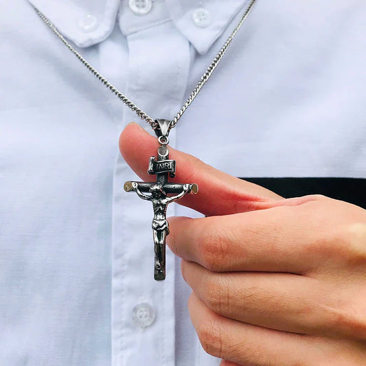 Vnox Men's Assorted Catholic Cross Pendant Necklaces – Stainless Steel Christ Prayer Jewelry with 24" Chain