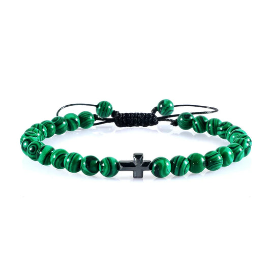 6mm Natural Stone Beads Braided Cross Bracelet – Christian Prayer Jewelry for Men & Women