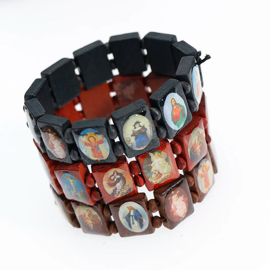 3-Color Saints Wooden Rosary Bracelet – Religious Fashion Jewelry for Women