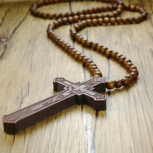 Vnox 36" Wooden Rosary Necklace – Large Jesus Christ Cross Pendant for Men