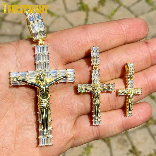 Iced Out Jesus Cross Pendant Necklace – Gold Color Bling with 5A Geometric Zircon for Men & Women