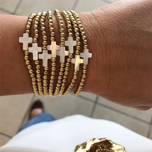 Vlen Christian Cross Bracelet – 18K Gold-Plated Stackable Beads Jewelry for Women