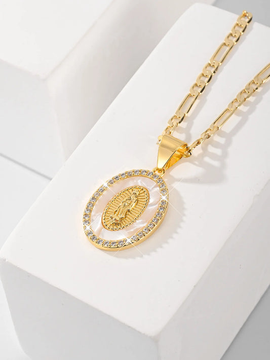 FanSibao Virgin Mary Pendant Necklace – Zircon Inlaid Enamel Religious Jewelry for Women