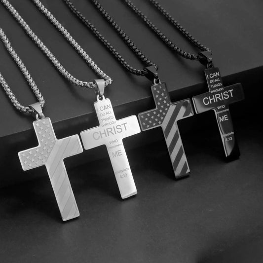 USA Flag Cross Necklace for Men – Stainless Steel Bible Verse Pendant Christian Jewelry