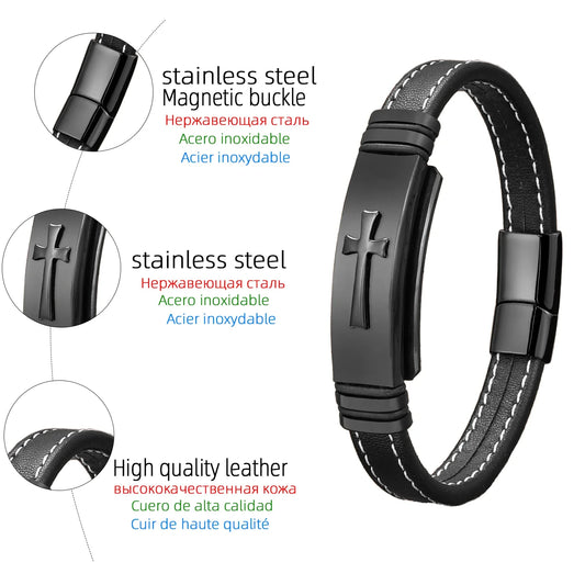 Black Gold Plated Cross Stainless Steel Bracelet – Men's Leather Punk Chain Jewelry