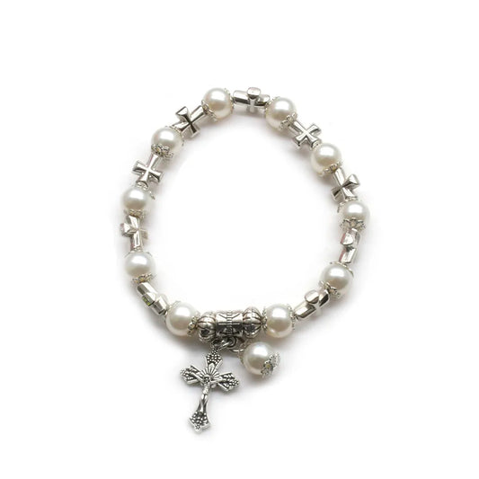 QIGO White Glass Pearl Cross Rosary Bracelet – Elastic Religious Jewelry for Women