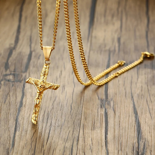 Stainless Steel Cross Necklace – Catholic Jesus Pendant Gold Color for Men & Women