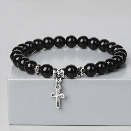 Trendy Men’s Beads Bracelet with Silver Color Cross Pendant