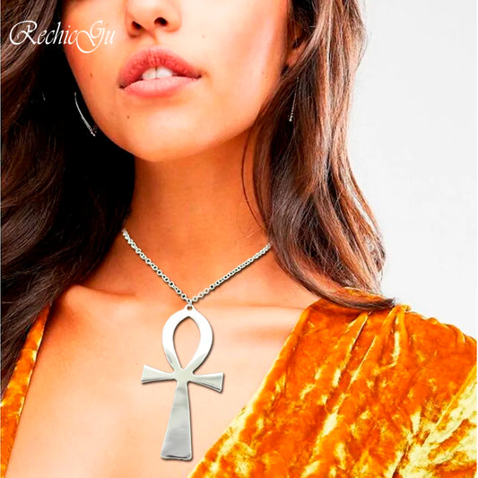 RechicGu Vintage Egyptian Ankh Cross Pendant – Long Chain Choker Necklace for Men & Women