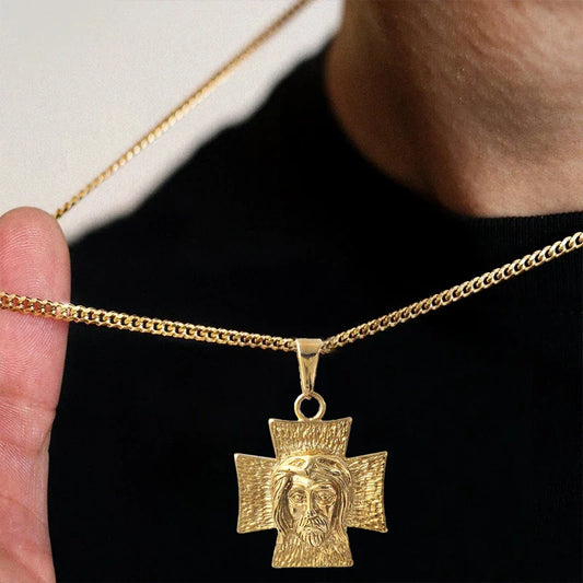 18K Gold Plated Jesus Face Cross Pendant Necklace – Faith-Inspired Religious Jewelry for Men & Women