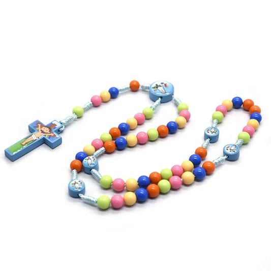 Children's Colored Plastic Beads Rosary Necklace – Wood Cross Pendant Catholic Prayer Ornament