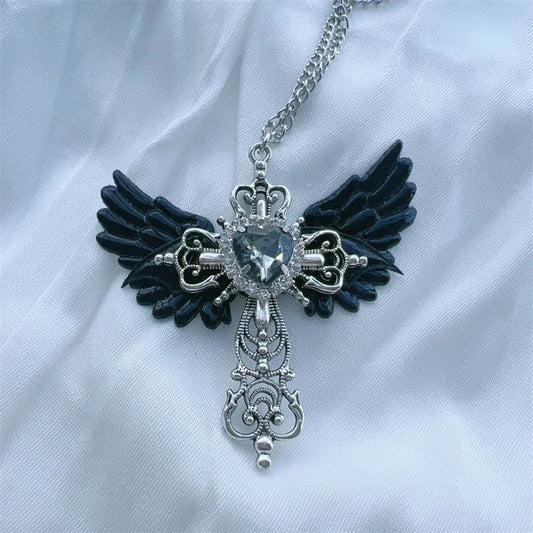Gothic Wings Cross Pendant Necklace – Y2K Heart Crystal Choker Punk Charm for Women
