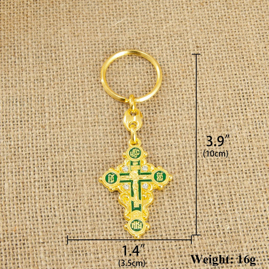 HT Orthodox Cross Keychain – Gold-Plated Mini Crucifix Pendant Religious Key Chain