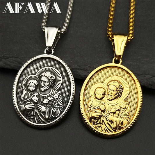 Saint Joseph Medal Necklace – Gold Stainless Steel Christian Amulet for Men & Women