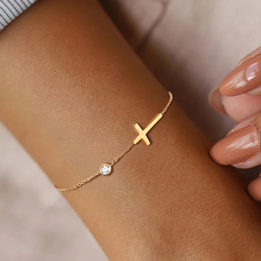 Huitan Fashion Cross Bracelet – Thin Link Chain for Women, Stylish Daily Christian Jewelry