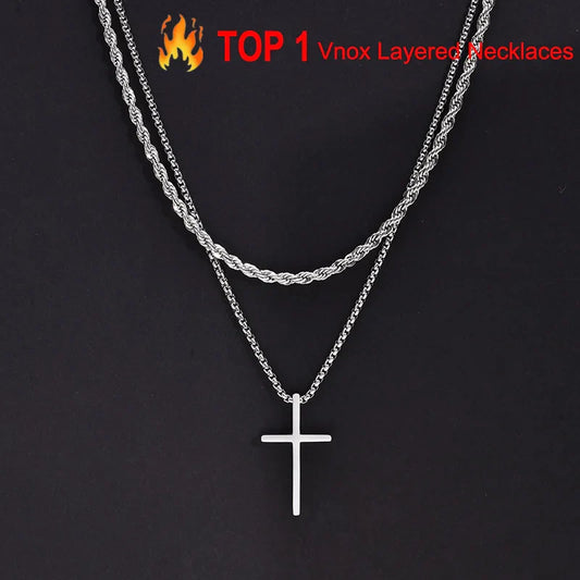 Vnox Men’s Cross Necklace – Layered Stainless Steel Prayer Pendant with Rope & Box Chain