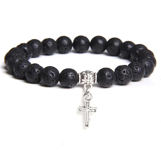 Trendy Men’s Beads Bracelet with Silver Color Cross Pendant