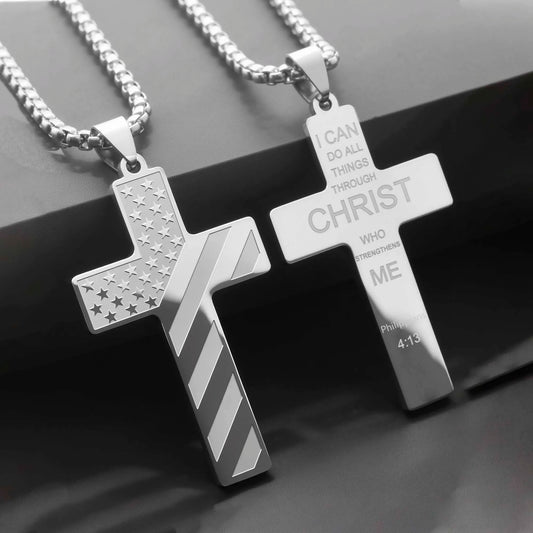 USA Flag Cross Necklace for Men – Stainless Steel Bible Verse Pendant Christian Jewelry