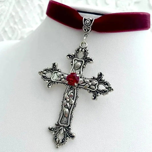 Classic Gothic Large Cross Black Velvet Necklace