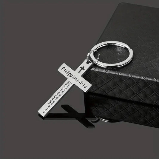 Christian Bible Verse Cross Pendant Keychain – Stainless Steel Religious Gift
