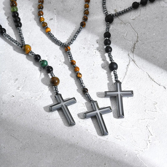 Vnox Natural Stone Healing Beads Rosary Necklace – Christian Prayer Cross Jewelry for Men & Women