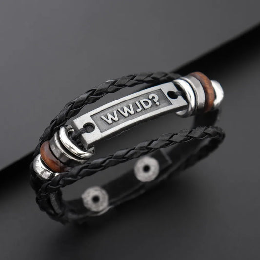 WWJD Multilayer Woven Leather Bracelet – Vintage Alloy Plate Design for Men
