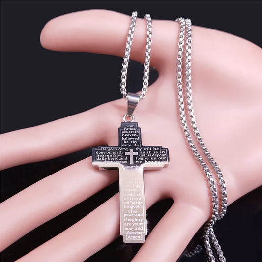 Christian Bible Cross Chain Necklace – Stainless Steel Prayer Pendant for Men