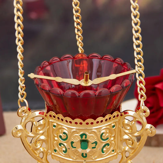 HTISOK Orthodox Hanging Oil Lamp – Red Glass Vigil Lamp for Religious Ceremonies & Daily Use