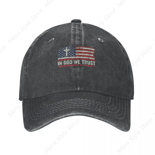 In God We Trust – Vintage USA Flag Cross T-Shirt & Patriotic Hat for Men & Women