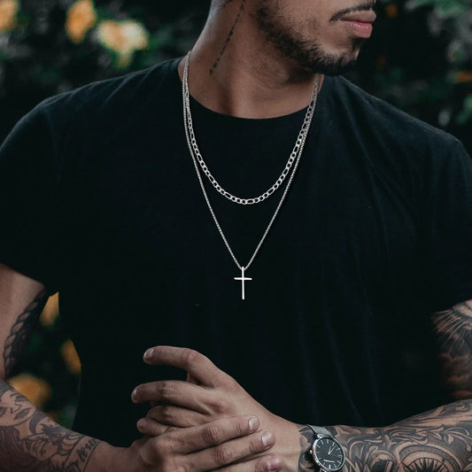 Vnox Men’s Cross Necklace – Layered Stainless Steel Prayer Pendant with Rope & Box Chain