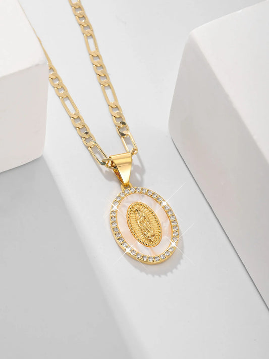 FanSibao Virgin Mary Pendant Necklace – Zircon Inlaid Enamel Religious Jewelry for Women