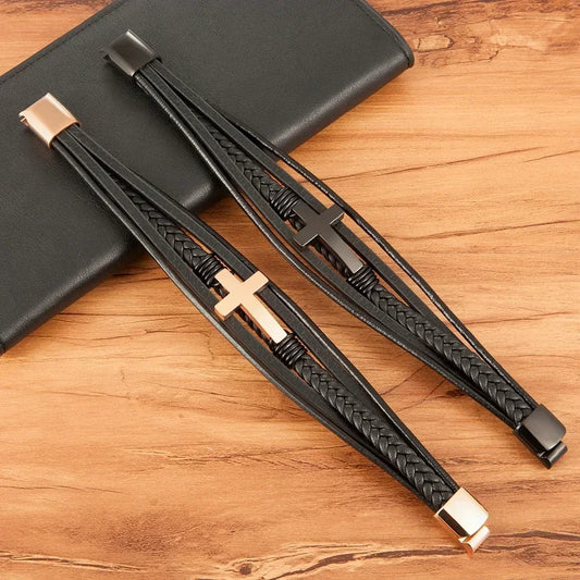 2024 Luxury Multicolor Cross Leather Bracelet – Classic Stainless Steel Design for Men