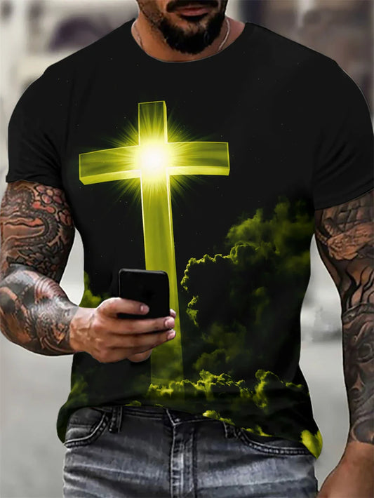 Oversized Gothic Jesus Christ Cross T-Shirt – 3D Print Christian Streetwear for Men