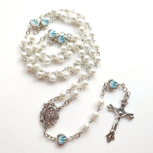 White Acrylic Pearl Catholic Rosary Necklace – Long Cross Pendant Religious Jewelry Gift