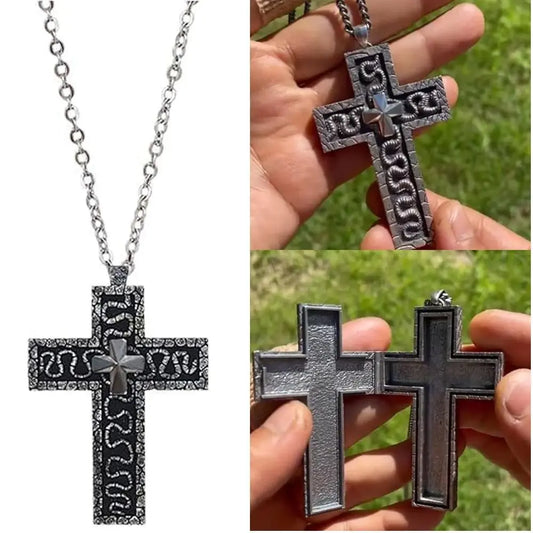 Secret Compartment Cross Pendant Necklace – Openable Stainless Steel Vintage Charm Jewelry